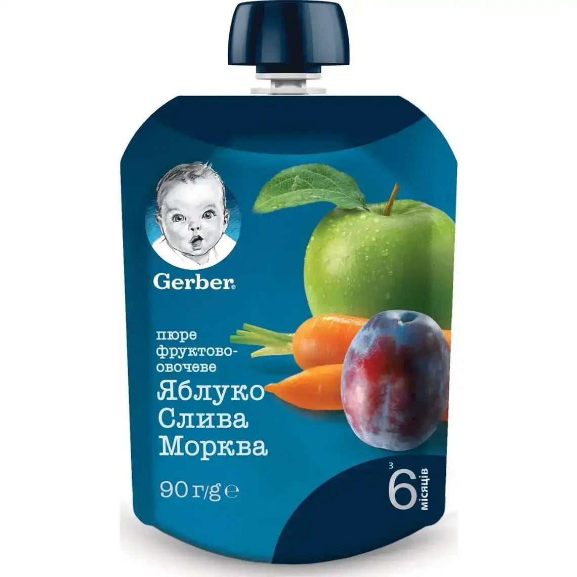 Пюре фруктово-овочеве Gerber Яблуко, Слива, Морква для дітей із 6 місяців, 90 г