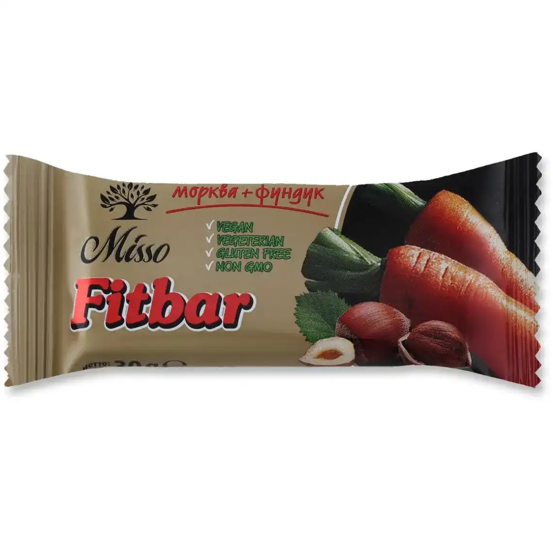 Батончик Misso Fitbar сухофруктів пресованих з горіхами подрібненими Морква+Фундук 30 г