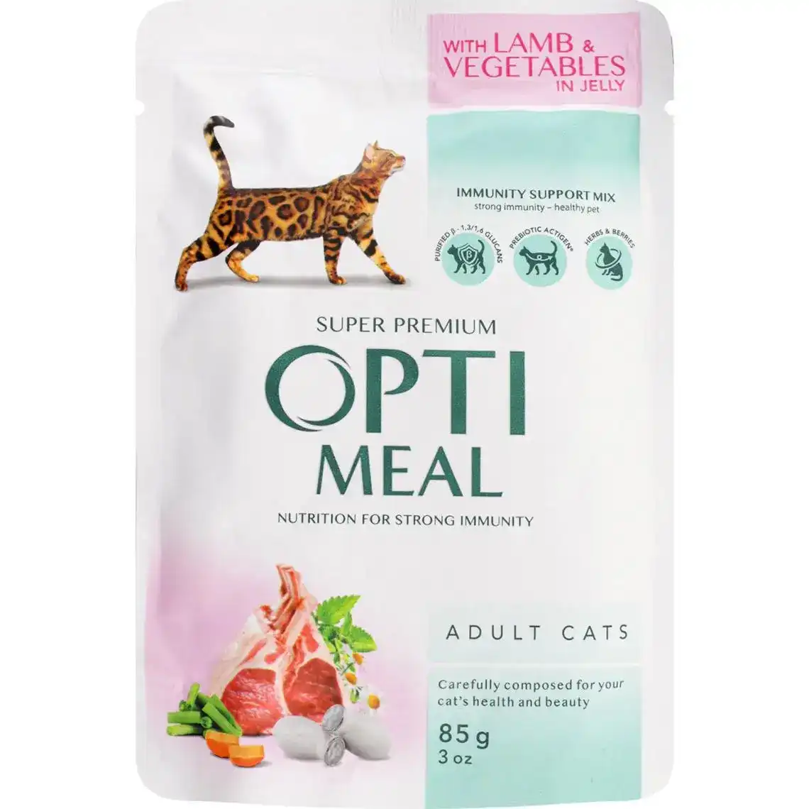 Корм вологий Optimeal з ягням та овочами в желе для дорослих котів 4х85 г