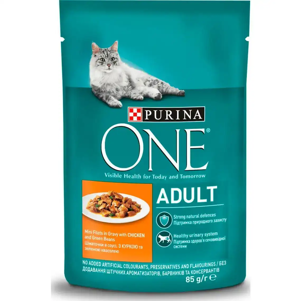 Вологий корм PURINA ONE Adult для дорослих котів шматочки в соусі з куркою та зеленою квасолею 85 г