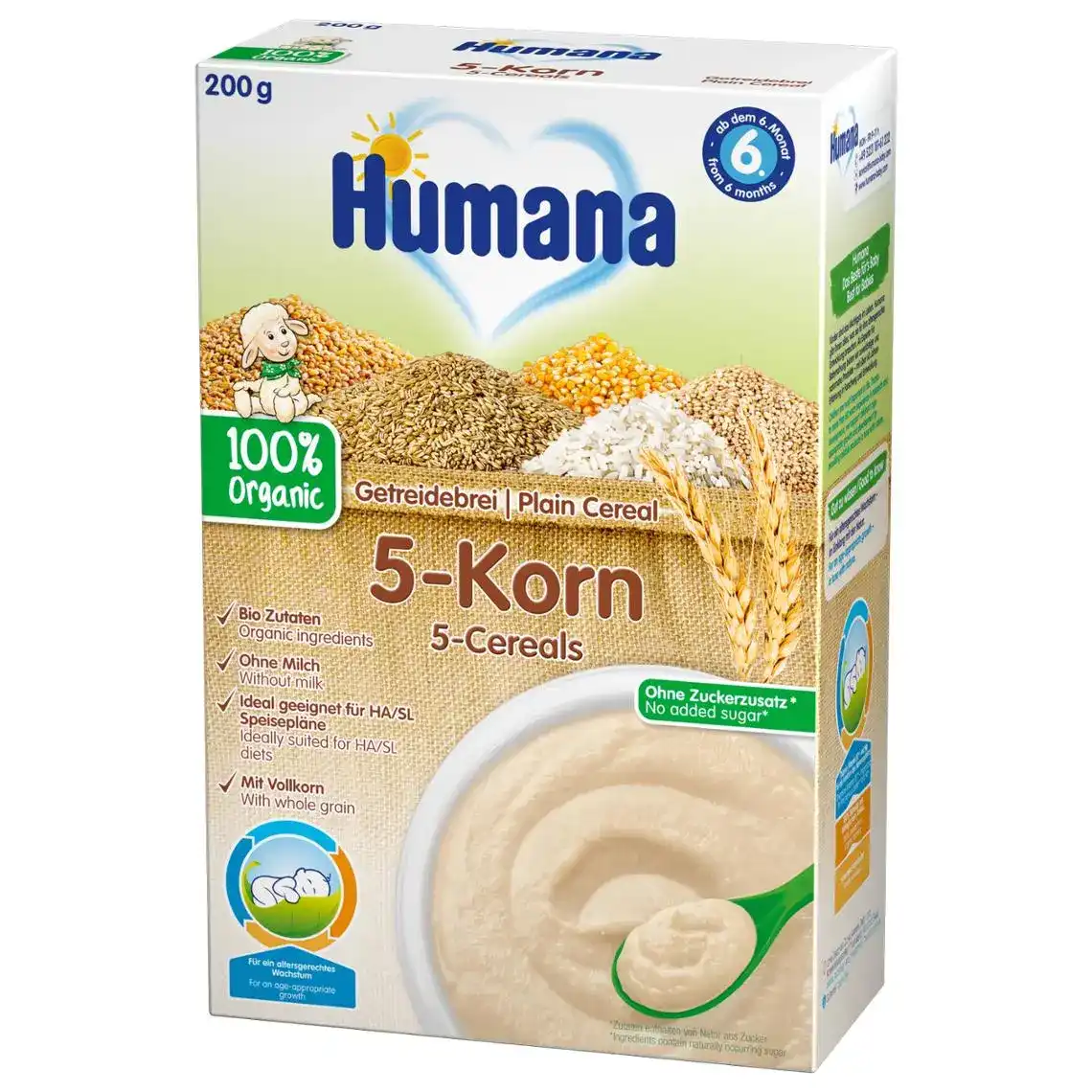 Дитяча каша Humana цільнозернова безмолочна Plain Cereal 5-Cereals 5 злаків, 200 г