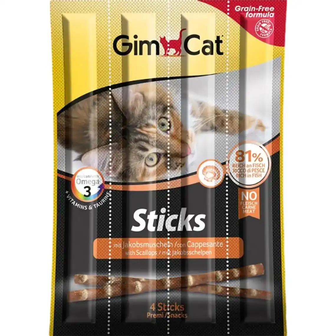Ласощi GimCat Sticks для котiв з лососем та гребiнцями 80 г