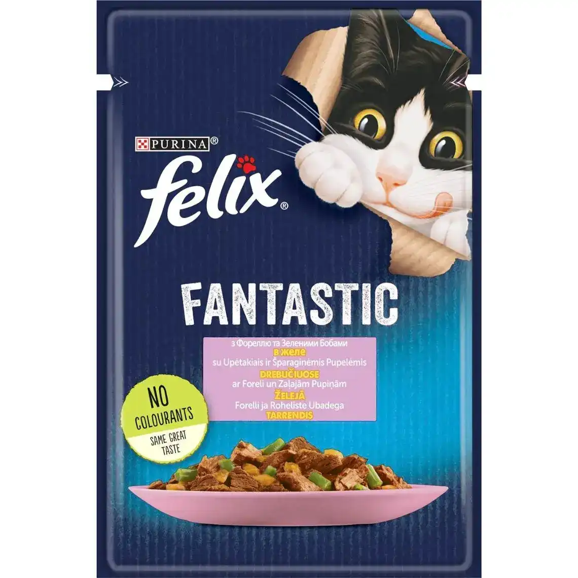 Вологий корм Felix Fantastic для дорослих котів шматочки в желе з фореллю та зеленими бобами 85 г