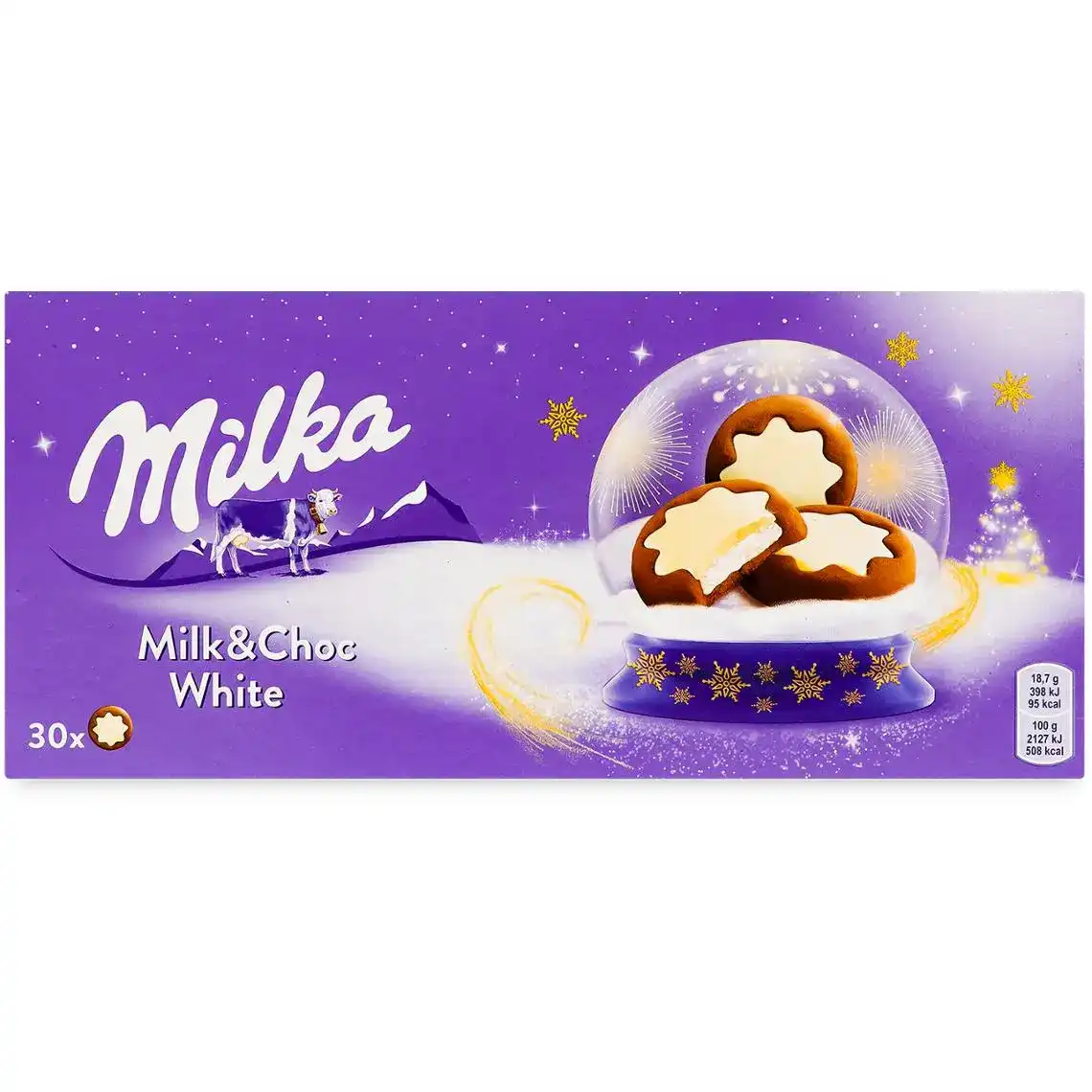 Печиво Milka Milk and Choc White з молочною начинкою та какао, частково вкрите білим шоколадом 187 г