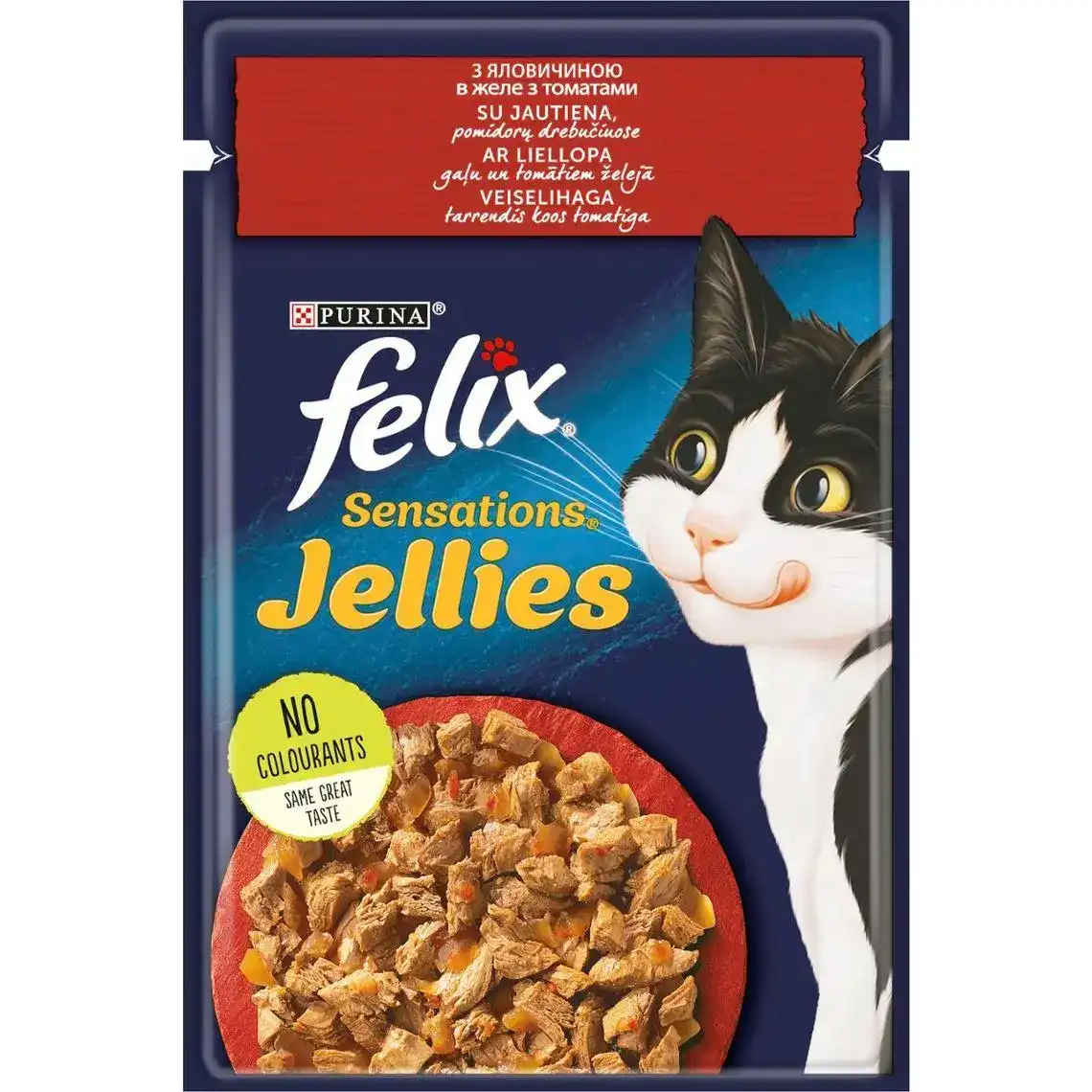 Вологий корм Felix Sensations Jellies для дорослих котів шматочки в желе з яловичиною та томатами 85 г