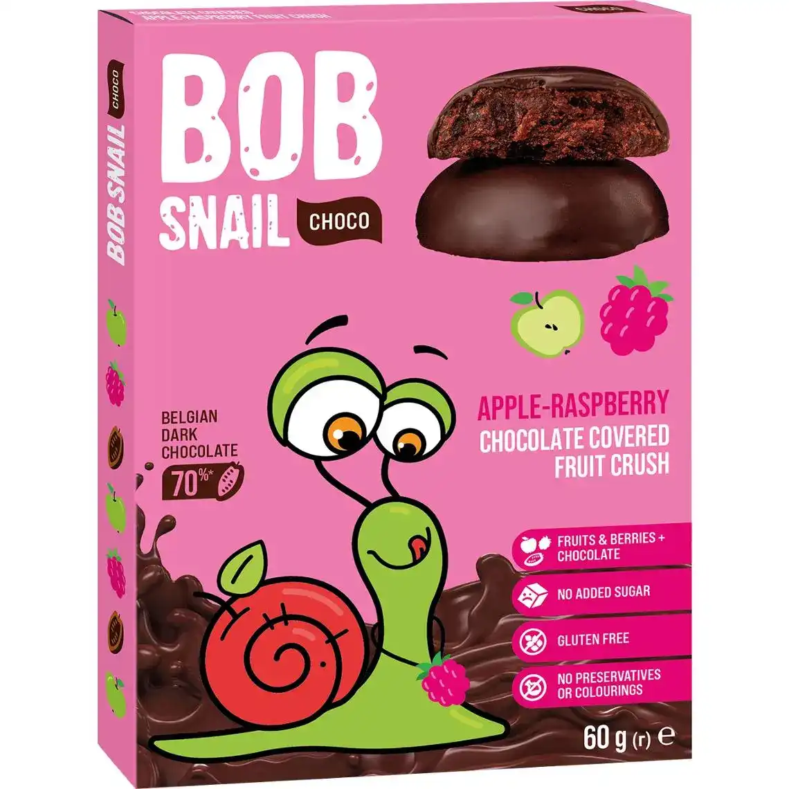 Цукерки Bob Snail яблучно-малинові у чорному шоколаді 60 г