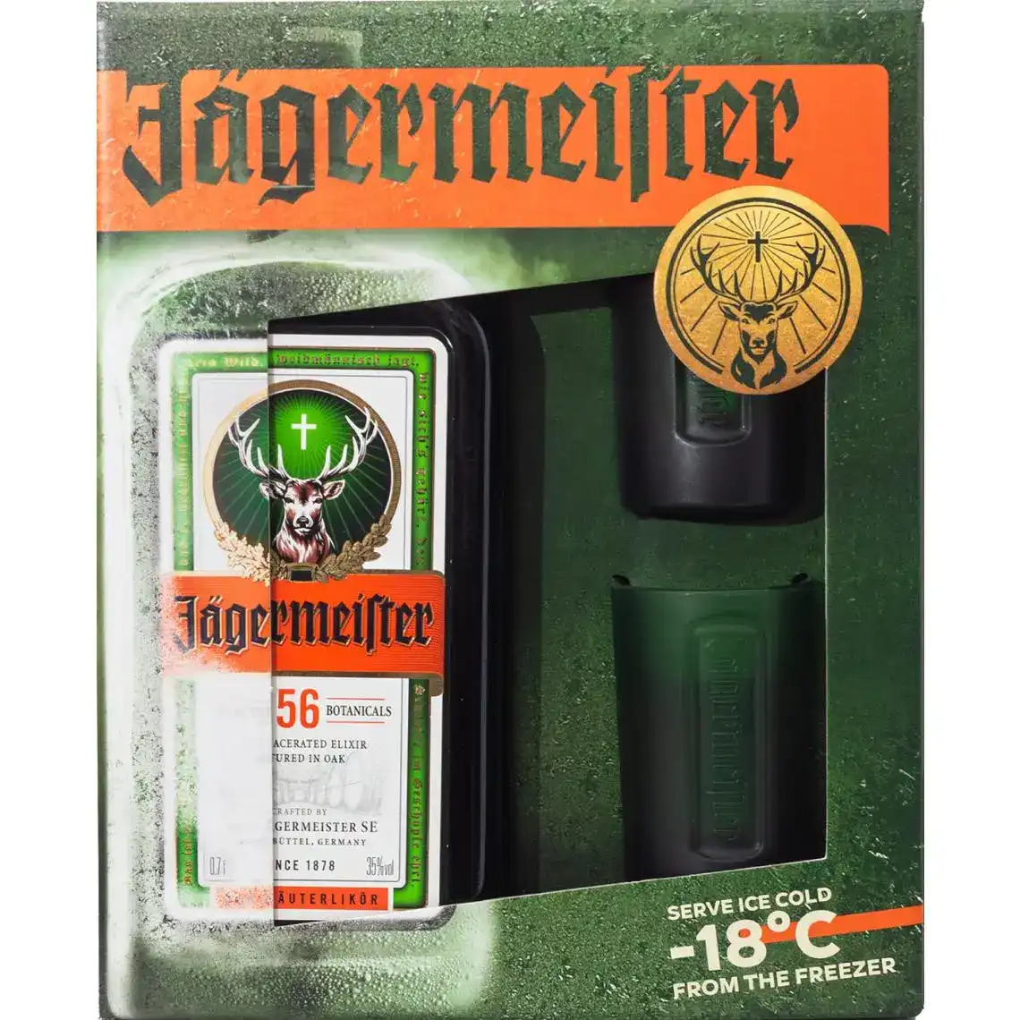 Фото 1 - Набір лікер Jägermeister 35% 0,7 л + 2 зелені шоти