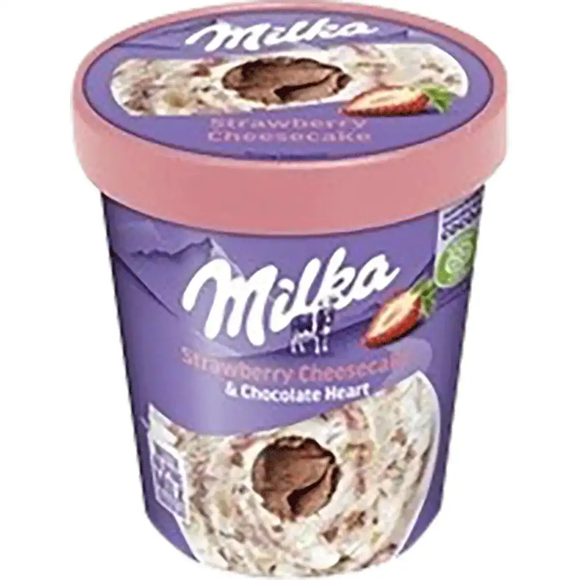 Фото 1 - Морозиво Milka полуничний чізкейк з шоколадною сердинкою 338 г