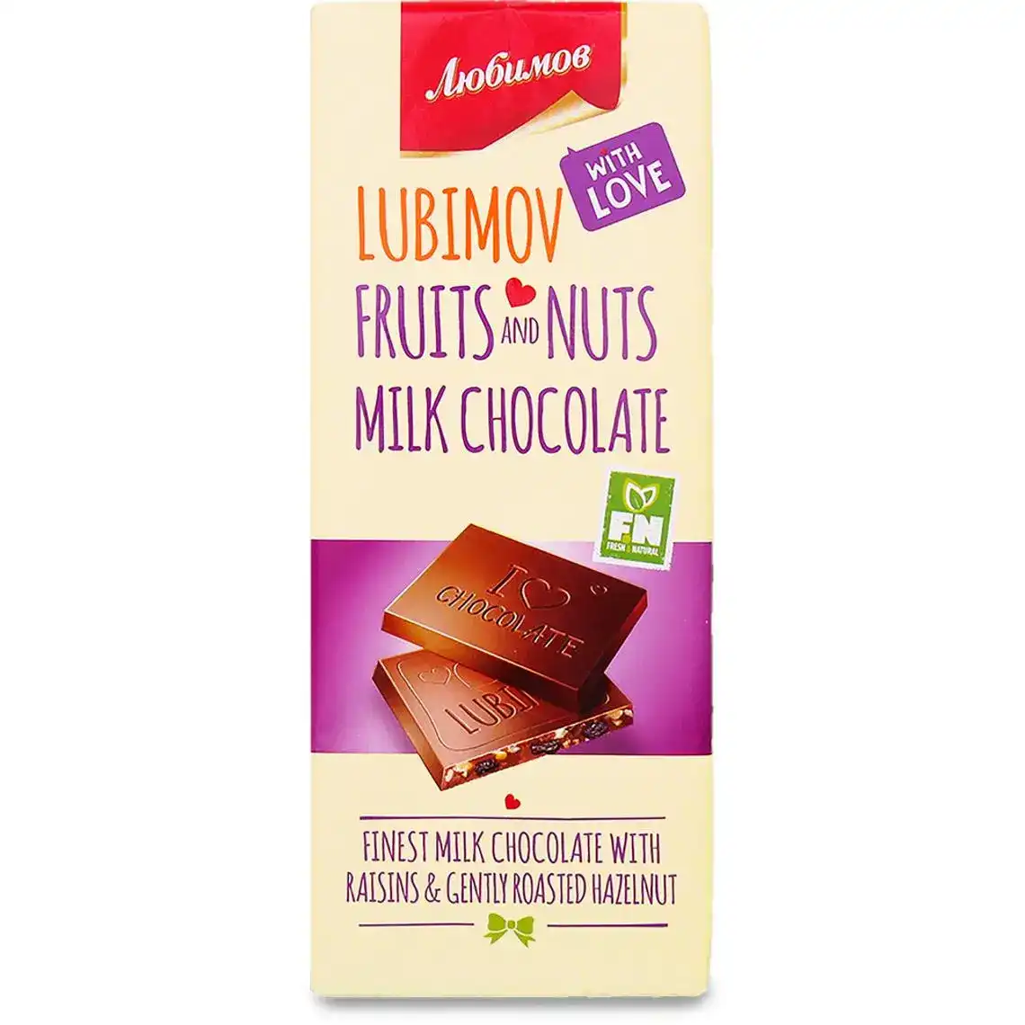 Шоколад Любимов молочний з цільними лісовими горіхами і родзинками 85 г