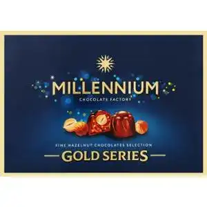Цукерки Millennium Gold шоколадні з горіховим праліне і цілим лісовим горіхом у молочному шоколаді 205 г