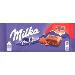 Шоколад Milka молочный с кусочками хрустящей карамели и миндалем 100 г