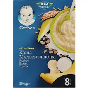 Детская каша Gerber молочная Мультизлаковая Йогурт, банан и груша, 240г