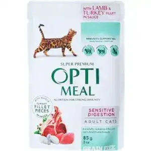 Вологий корм для дорослих кішок з чутливим травленням Optimeal з ягням та філе індички в соусі 85 г