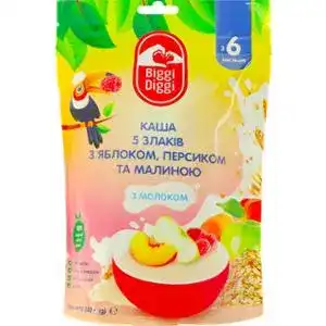 Каша Biggi Diggi молочна 5 злаків з яблуком, персиком та малиною для дітей з 6-ти місяців 200 г